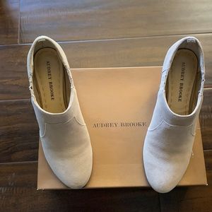 Audrey Brooke Welby Beige suede leather Booties with Brown Heels